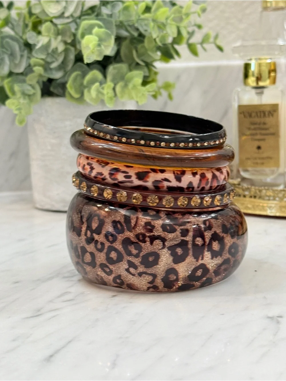 Vintage Lucite and Metal Leopard Print Decorative Bangles